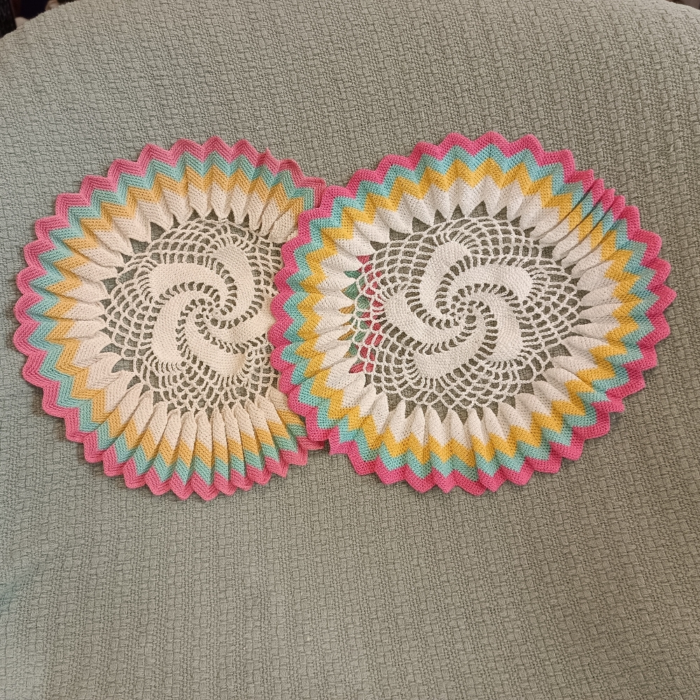Vintage Handmade Crochet White Off White Light Rainbow Doily Round LOT OF 2